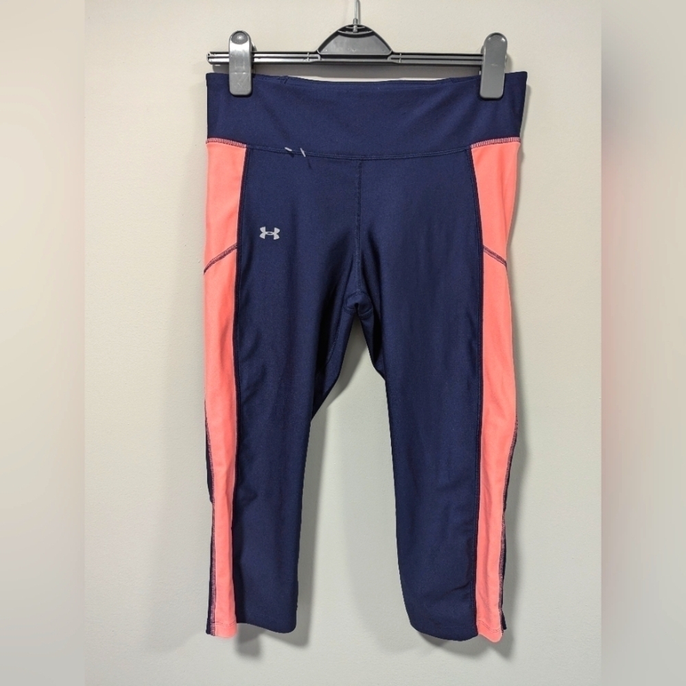 Under Armour Women's Heat Gear Fitted Cropped Leggings Navy Blue Pink Size L